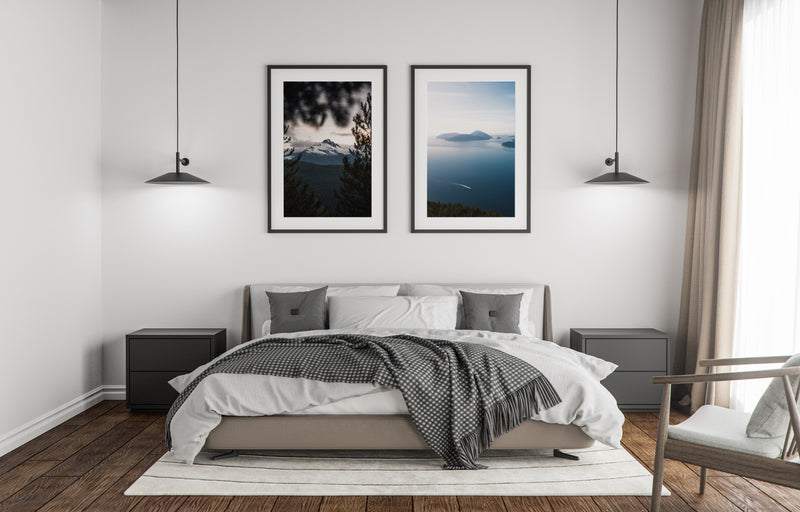 fine art photography prints in a modern bedroom