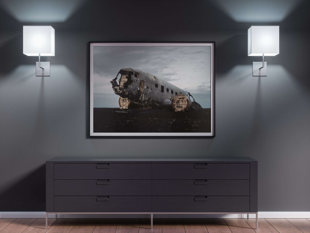 Framed Giclee Print | Crash Landing by Richard Lam Studio - Black Frame with Mat in Dark Office
