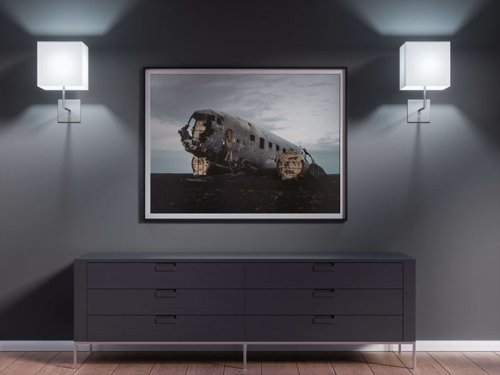 Framed Giclee Print | Crash Landing by Richard Lam Studio - Black Frame with Mat in Dark Office