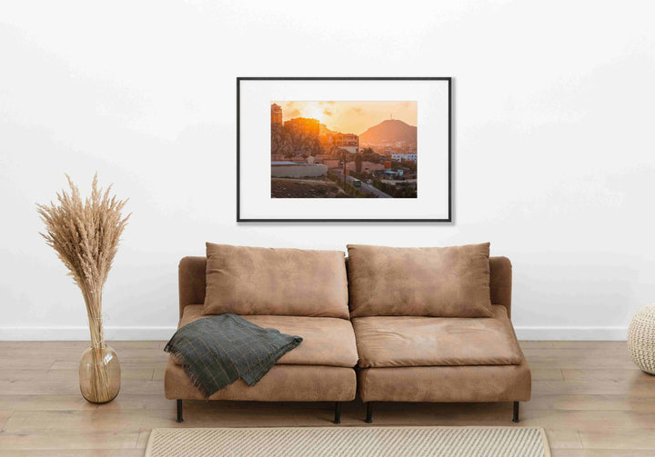 Framed Giclee Print | Gold Tequila by Richard Lam Studio - Black Frame with Mat in Minimalist Living Room