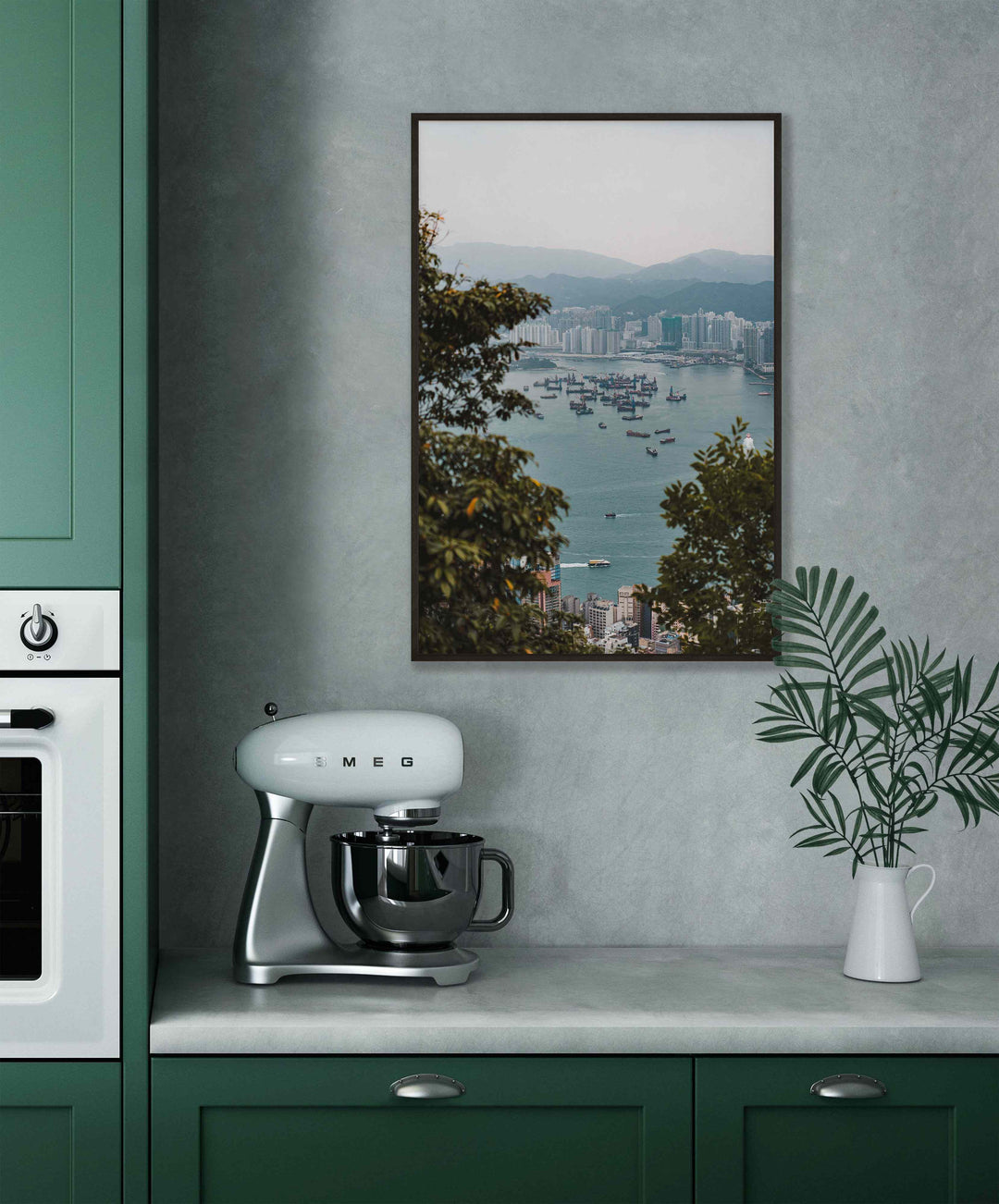 Framed Giclee Print | Hidden Harbour by Richard Lam Studio - Black Frame in Green Kitchen