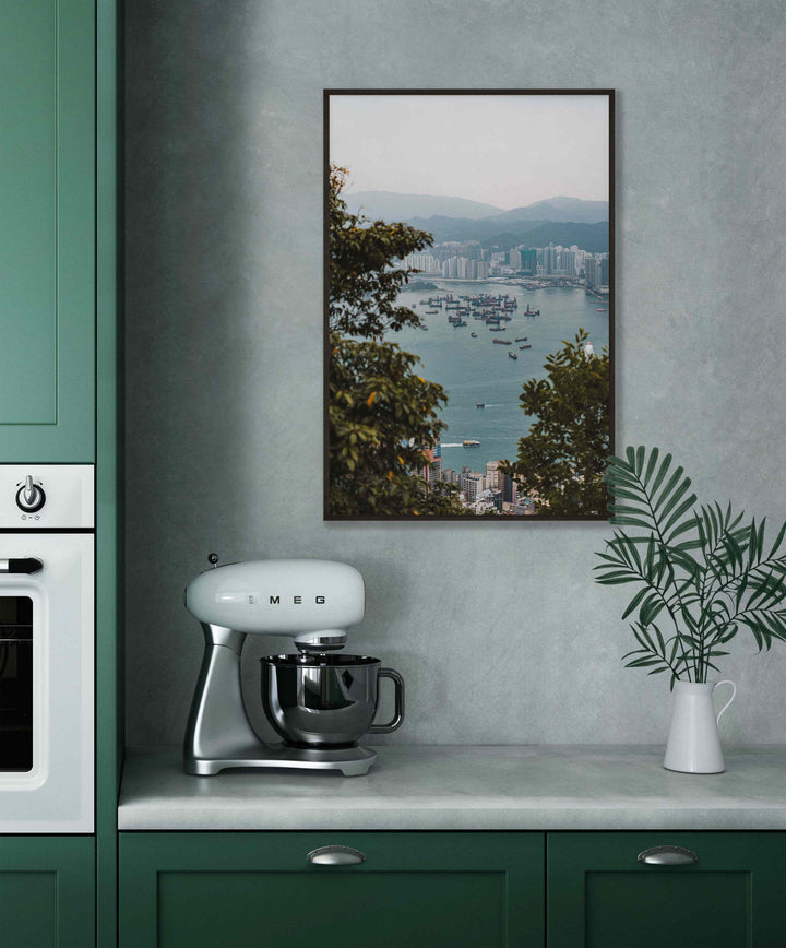 Framed Giclee Print | Hidden Harbour by Richard Lam Studio - Black Frame in Green Kitchen