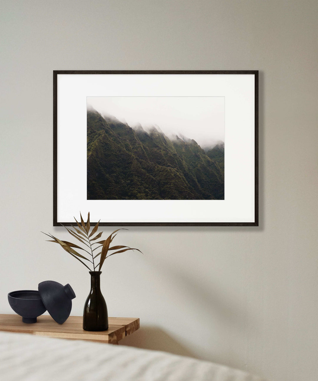 Framed Giclee Print | Misty Mountains by Richard Lam Studio - Black Frame with Mat in Japanese-Inspired Bedroom