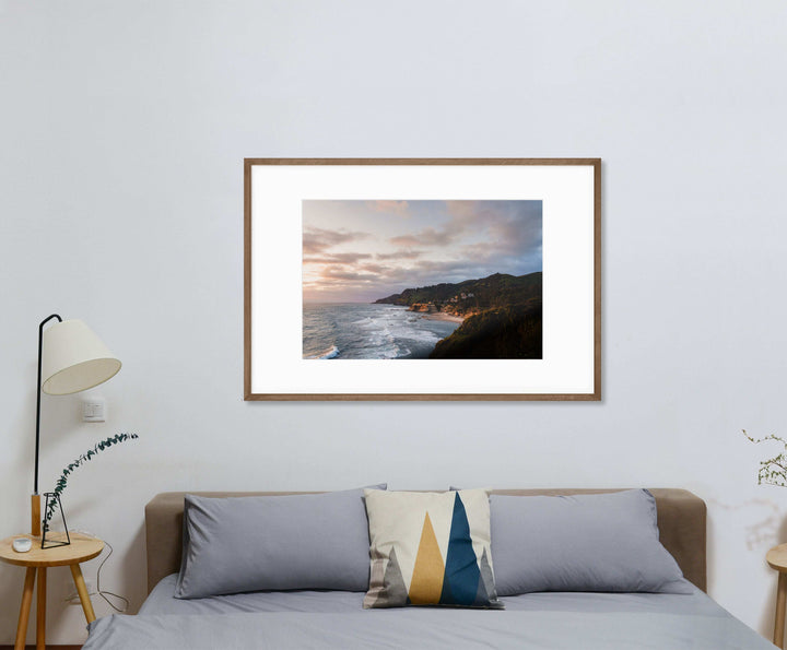 Framed Giclee Print | Shoreline Glow by Richard Lam Studio - Wood Frame in Minimalist Bedroom