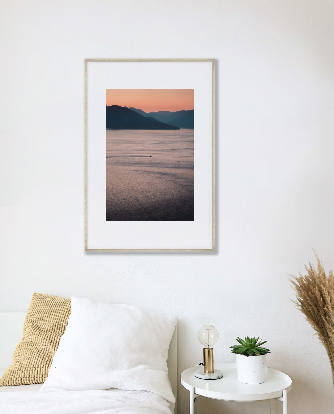 Framed Giclee Print | Slow Living by Richard Lam Studio - Tan Frame in White Bedroom