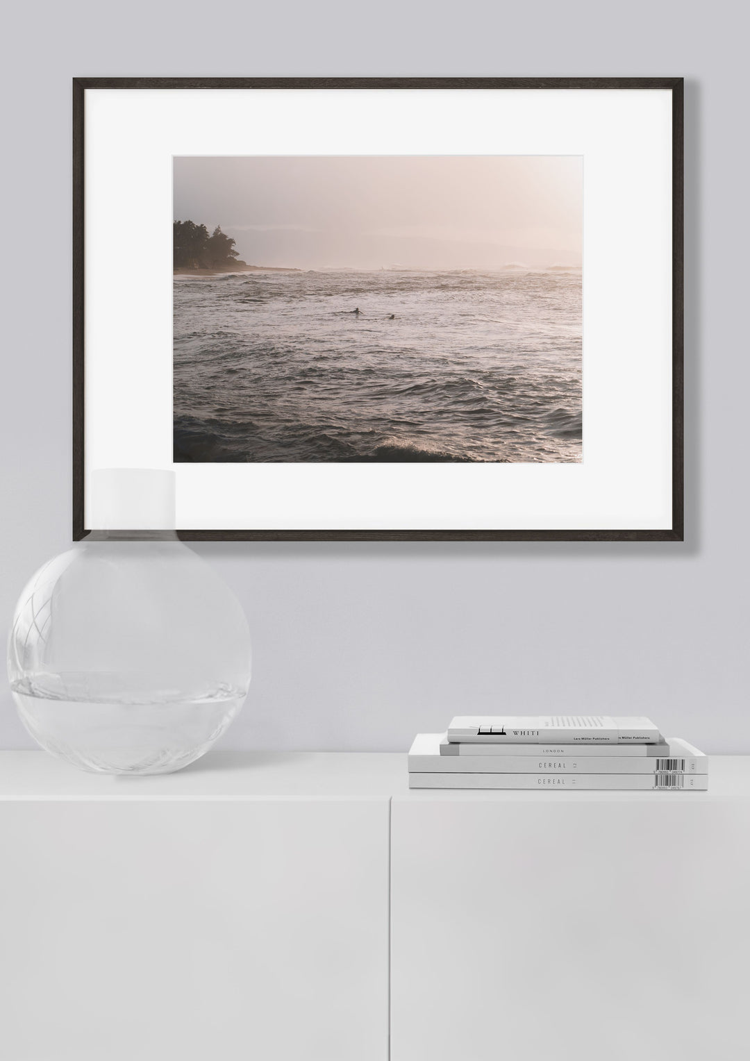 Framed Giclee Print | Sunset Dip by Richard Lam Studio - Black Frame with Mat in Minimalist Hallway