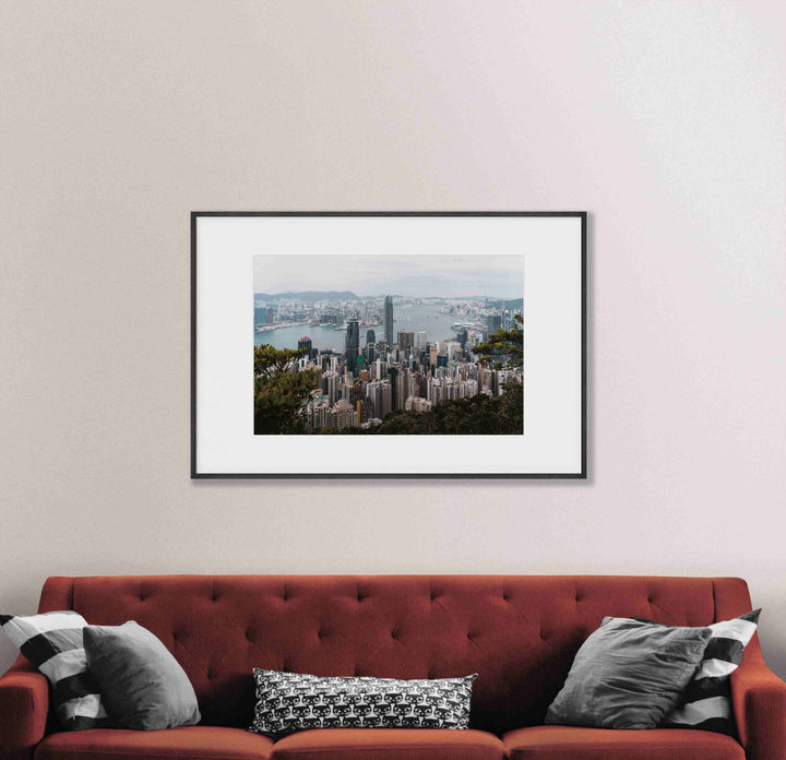 Framed Giclee Print | The Peak by Richard Lam Studio - Black Frame with Mat Above Red Living Room Sofa